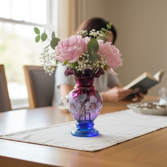 Fenton Hand Painted Art Glass Vase-Cranberry and Cobalt Ruffled 8”-Signed - Picture 7 of 10